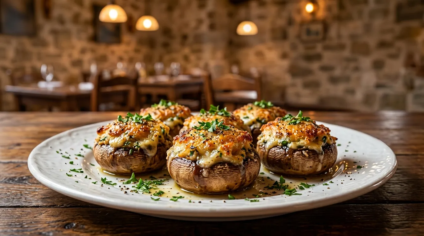 Olive Garden Stuffed Mushrooms appetizer dish prepared with mushroom caps stuffed savory blend italian cheeses clams